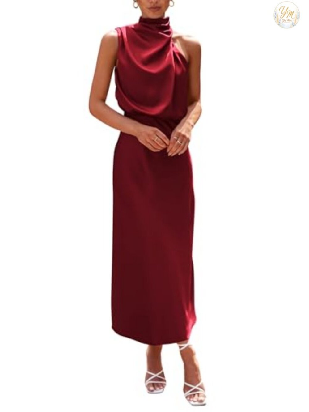 Women's Sleeveless Mock Neck Satin Maxi Dress